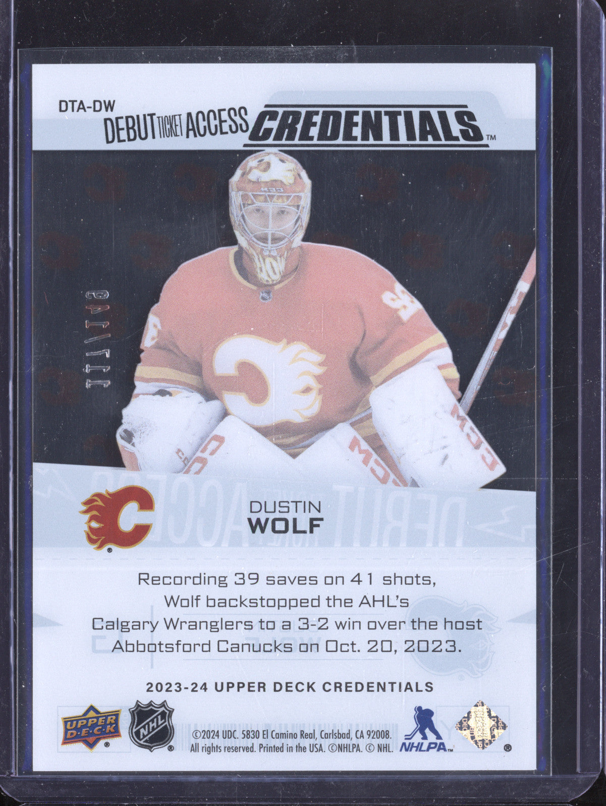 Dustin Wolf 2023-24 Upper Deck Credentials DW Debut Ticket Acetate RC 117/149