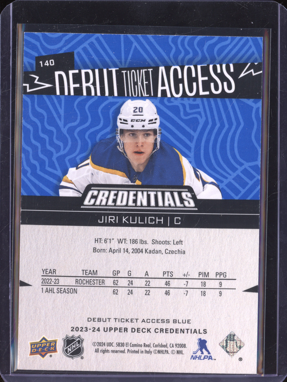 Jiri Kulich 2023-24 Upper Deck Credentials 140 Debut Ticket Blue RC 63/149