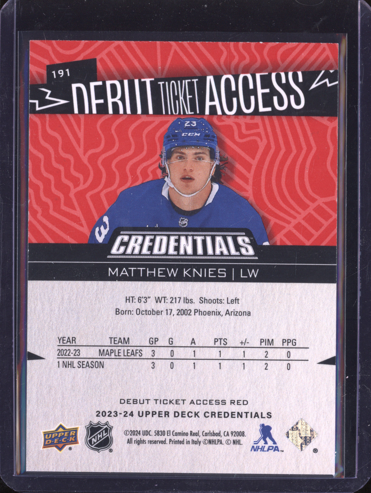 Matthew Knies 2023-24 Upper Deck Credentials 191 Debut Ticket Red RC 313/349