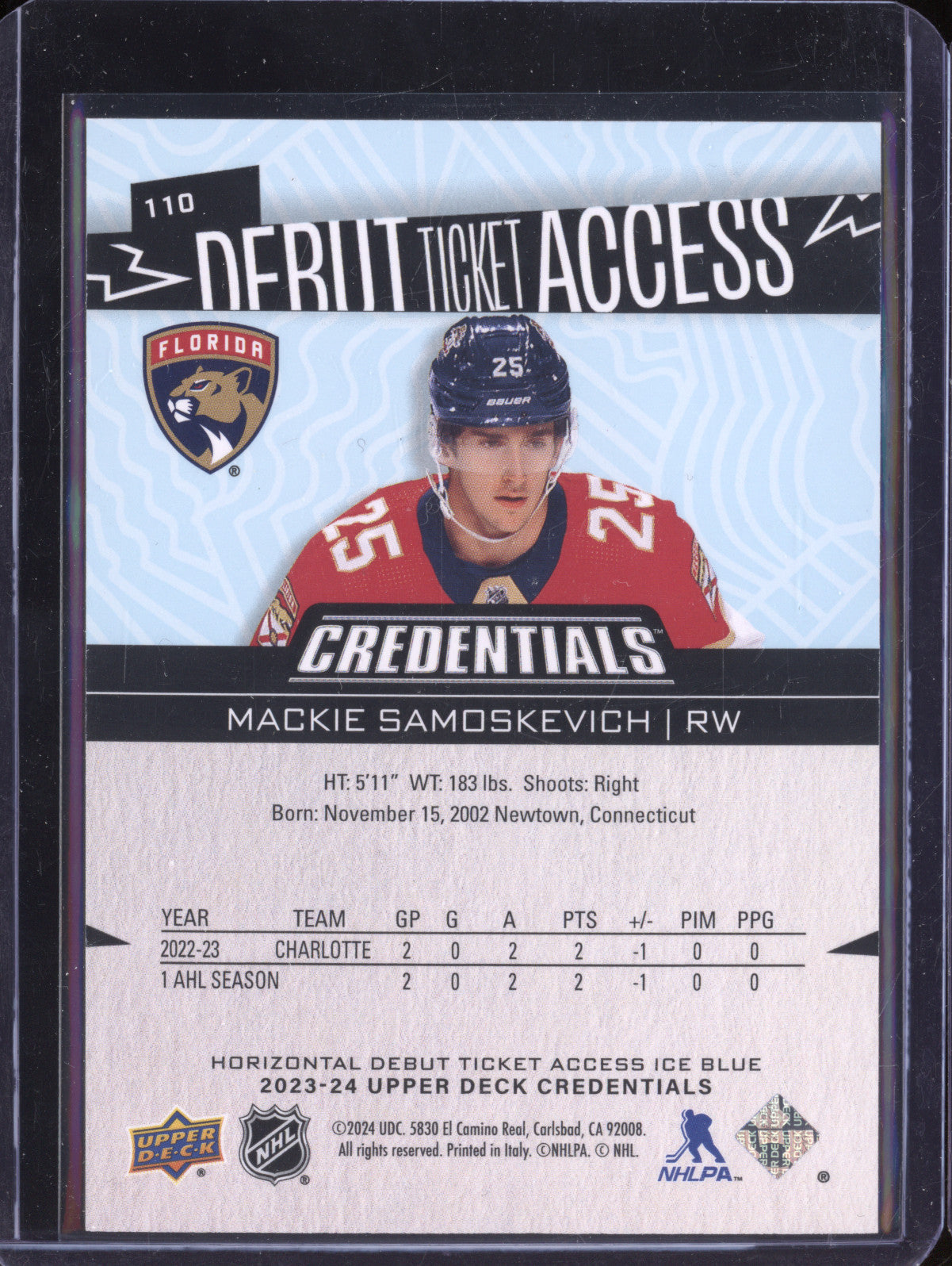 Mackie Samoskevich 2023-24 Upper Deck Credentials 110 Debut Ticket RC 278/799