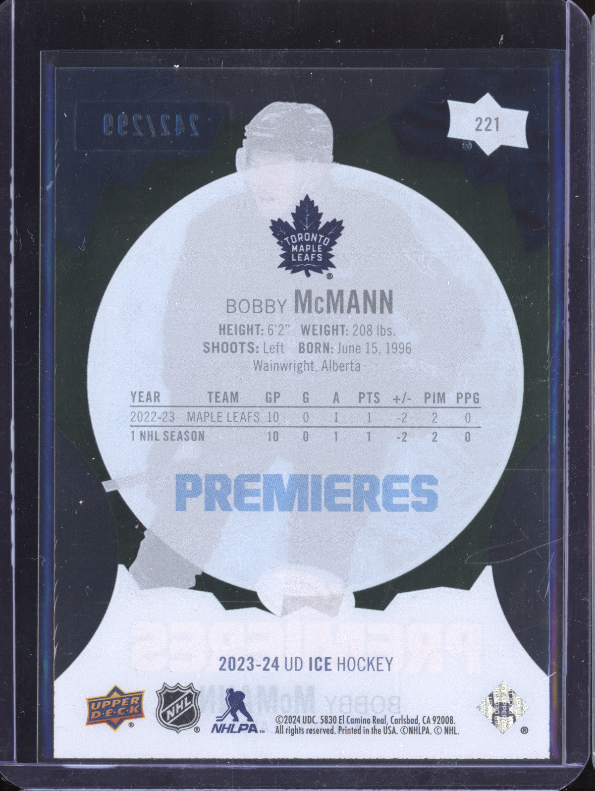Bobby McMann 2023-24 Upper Deck Ice 221 Ice Premieres Green 242/299