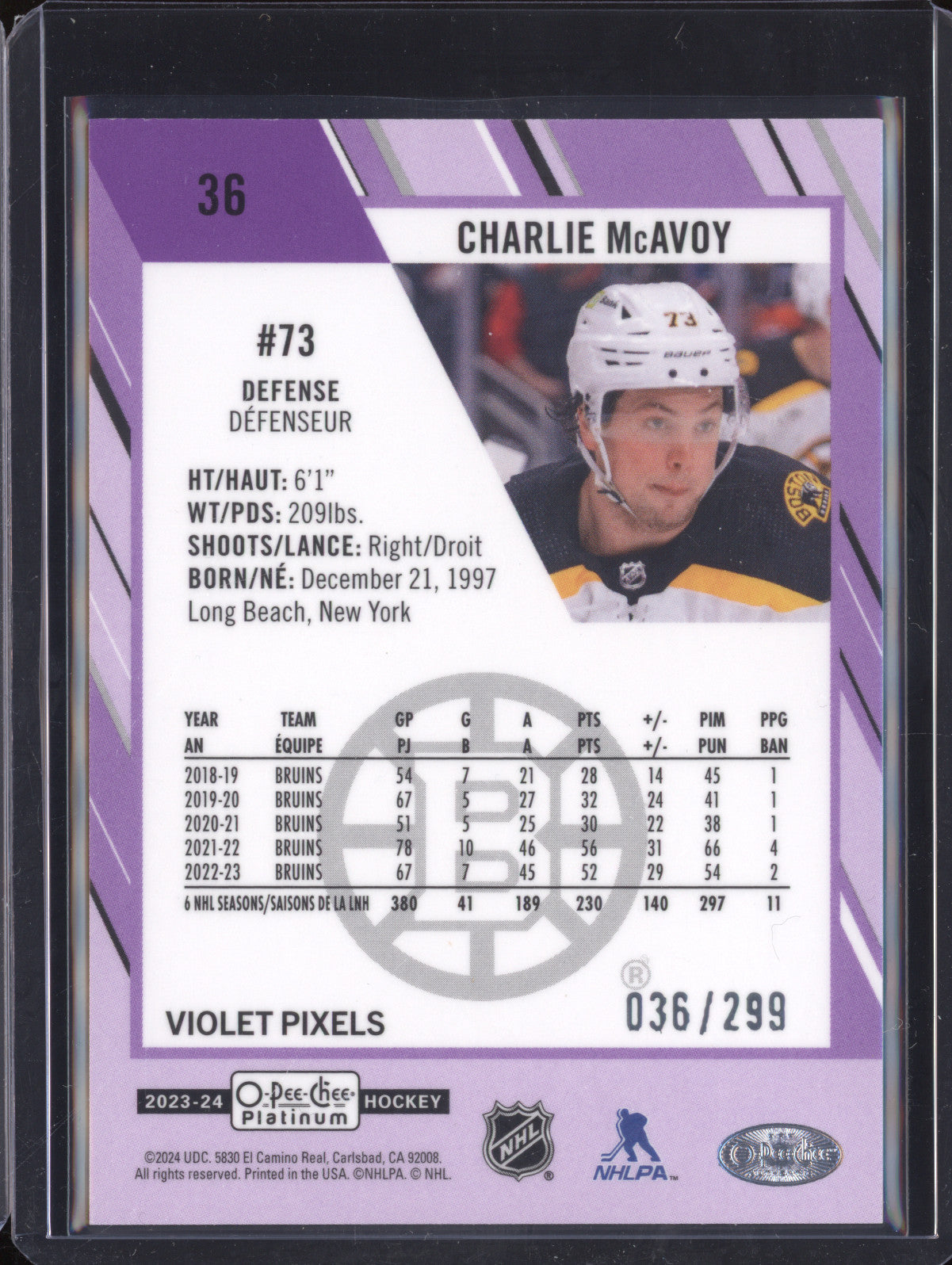 Charlie McAvoy 2023-24 Upper Deck O-Pee-Chee Platinum 36 Violet Pixels 36/299