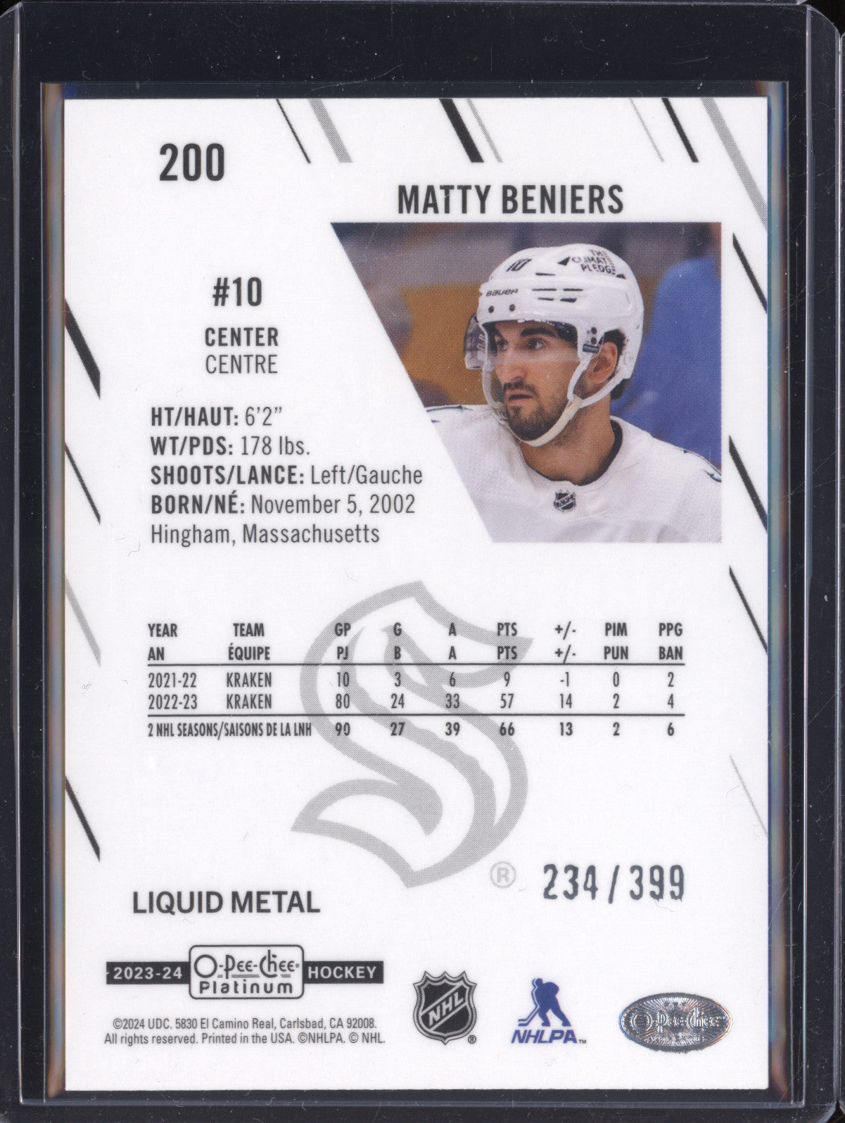 Matty Beniers 2023-24 Upper Deck O-Pee-Chee Platinum 200 Liquid Metal 234/399