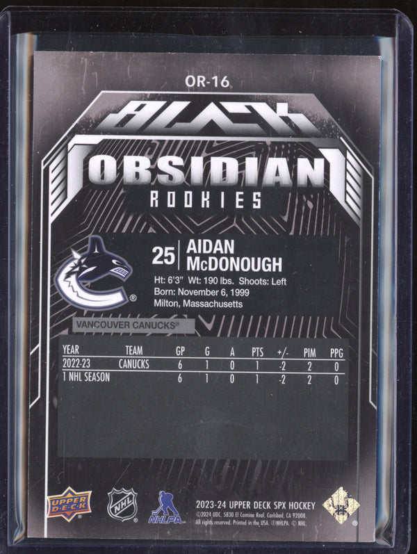 Aidan McDonough 2023-24 Upper Deck SPX OR-16 Black Obsidian Rookie Gold RC 44/99