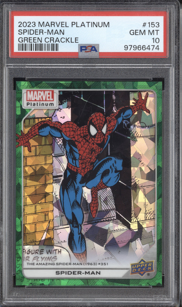 Spider-Man 2023 Upper Deck Marvel Platinum 153 Green Crackle 82/99 PSA 10