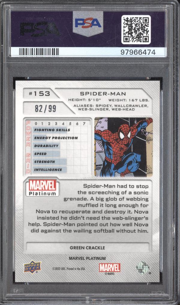 Spider-Man 2023 Upper Deck Marvel Platinum 153 Green Crackle 82/99 PSA 10