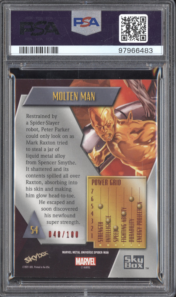 Molten Man 2022 Skybox Metal Universe Spider-Man 54 PMG Red 48/100 PSA 7