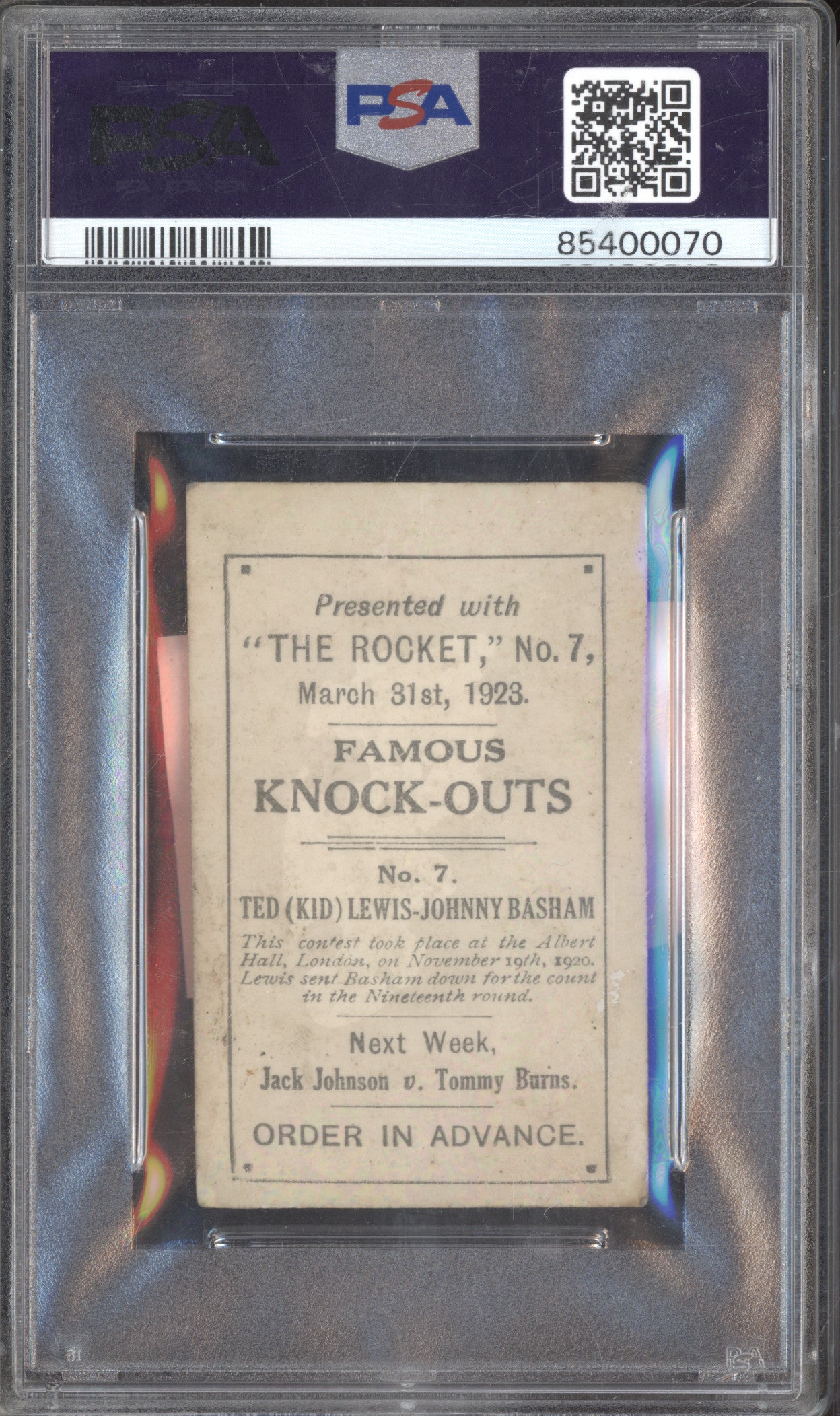 1923 The Rocket 7 Kid Lewis vs Johnny Basham Famous Knock-Outs PSA 2