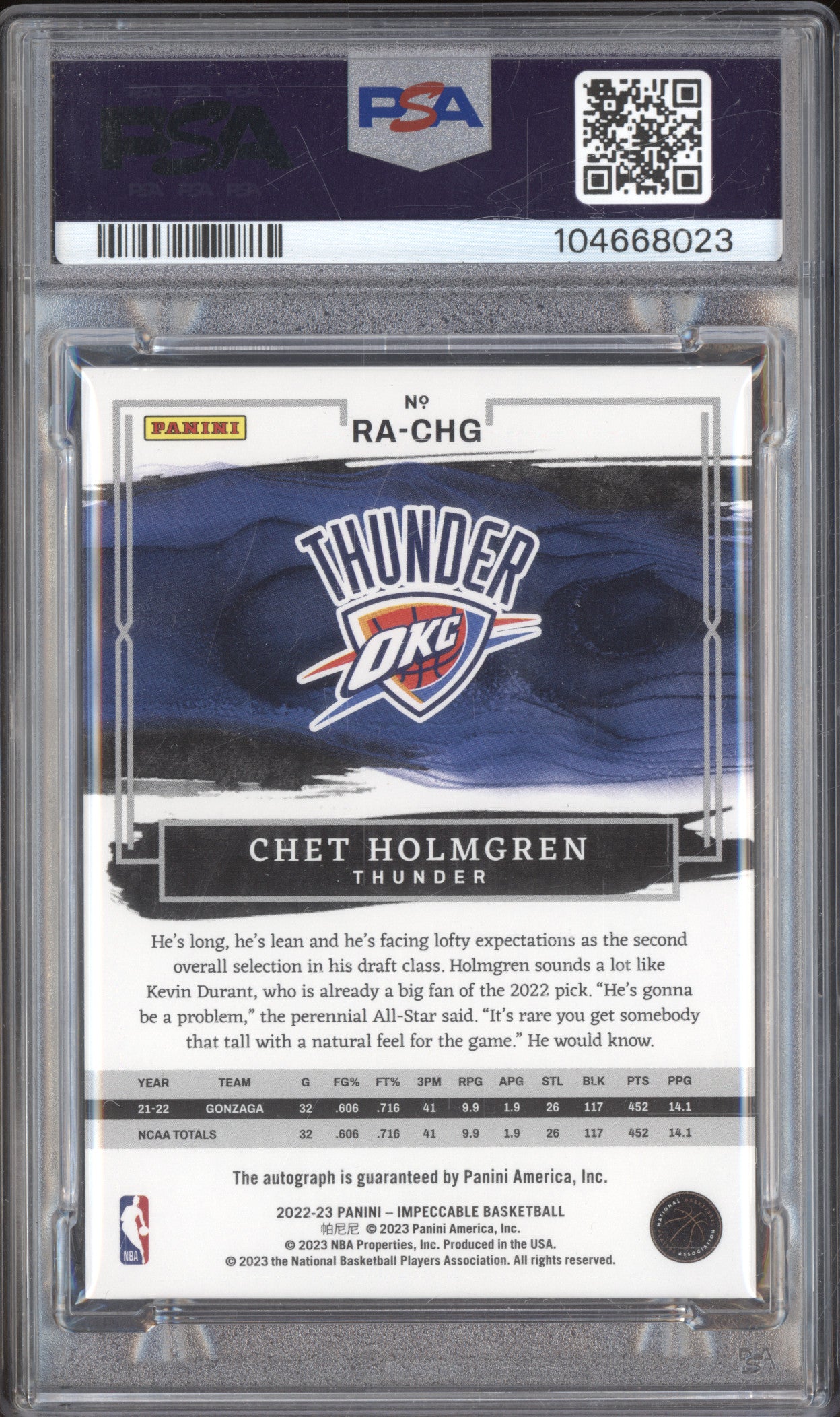Chet Holmgren 2022-23 Panini Impeccable RA-CHG Rookie Auto Asia RC 1/88 PSA 8/10