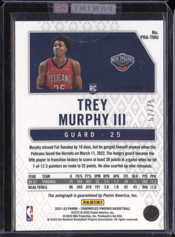 Trey Murphy III 2021-22 Panini Chronicles Phoenix Rookie Auto Silver RC 57/75