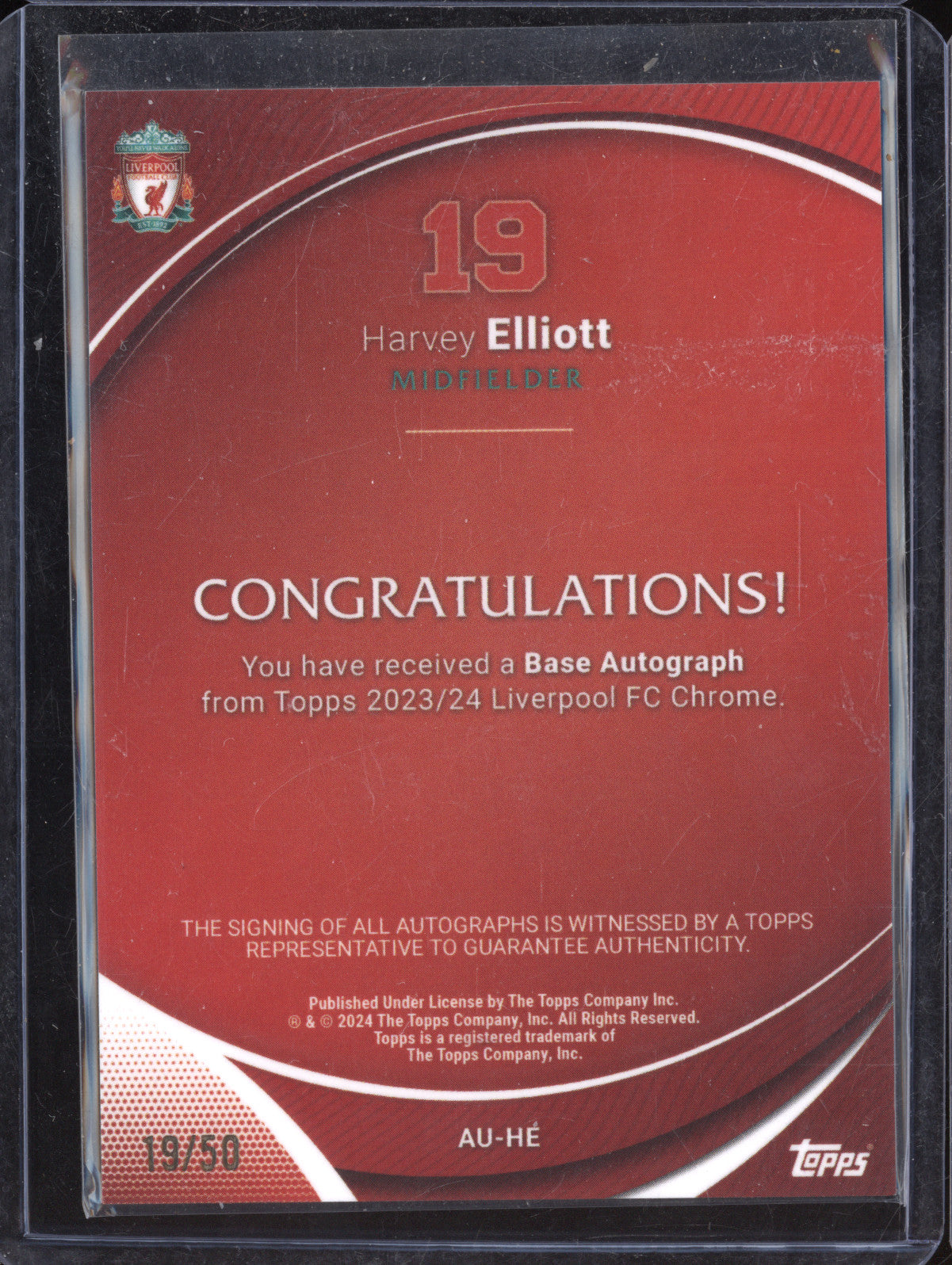 Harvey Elliot 2023-24 Topps Liverpool Chrome AU-HE Autograph Gold 19/50
