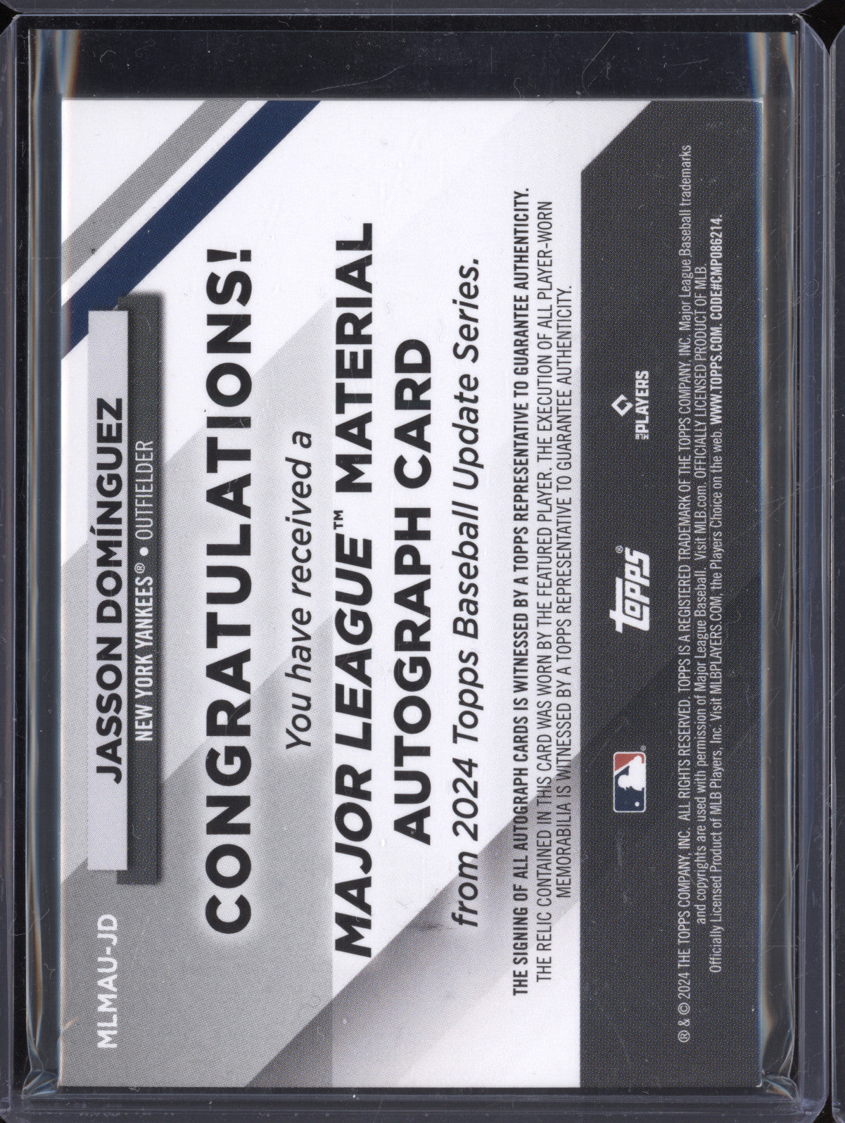 Jasson Dominguez  Topps Update MLMAU-JD Major League Material Auto Platinum 1/1