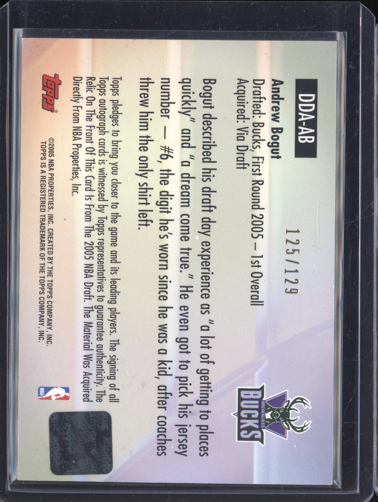 Andrew Bogut 2005 Topps  DDA-AB Draft Day Moments Patch Auto RC 125/129