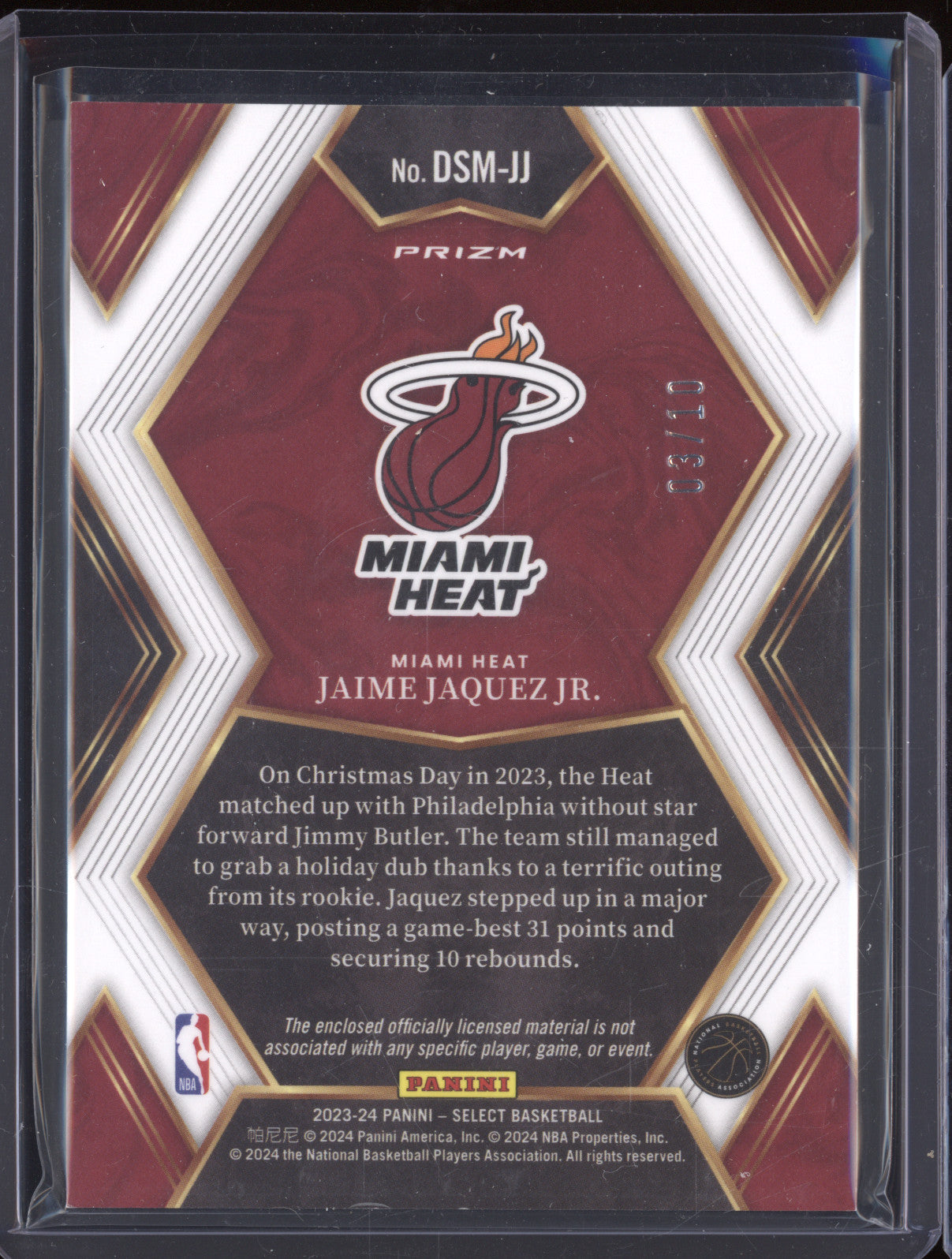 Jaime Jaquez Jr. 2023-24 Panini Select DSM-JJ Draft Selections Gold Prizm RC /10