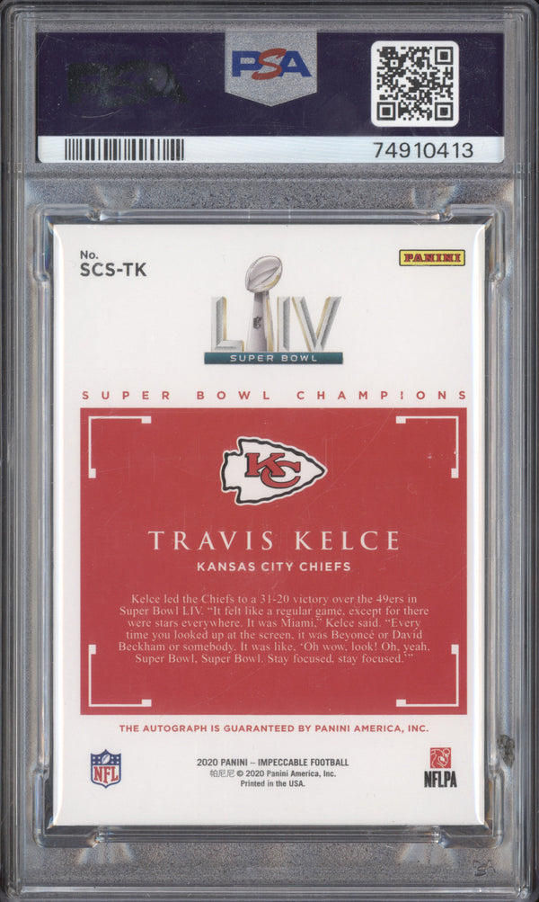 Travis Kelce 2020 Panini Impeccable SCS-TK Super Bowl Champions Signature 11/35 PSA 10