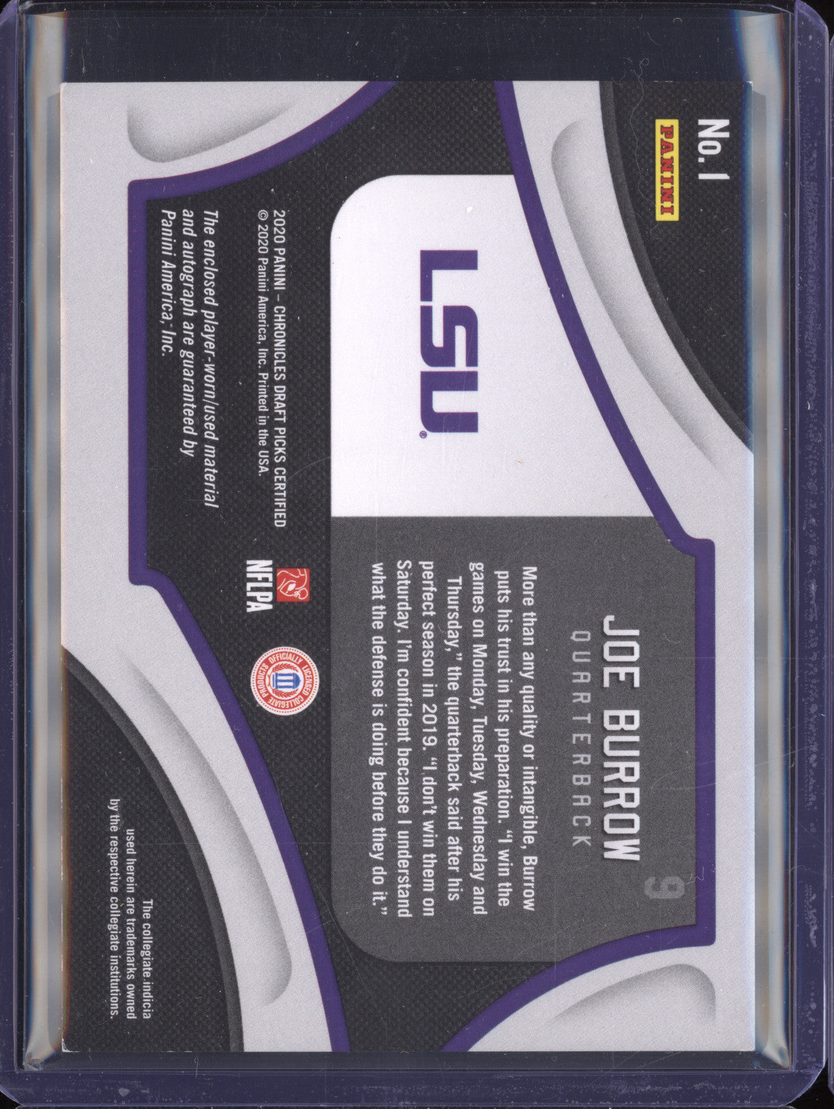 Joe Burrow 2020 Panini Chronicles Draft 1 Fabric of the Game Auto Prime /25