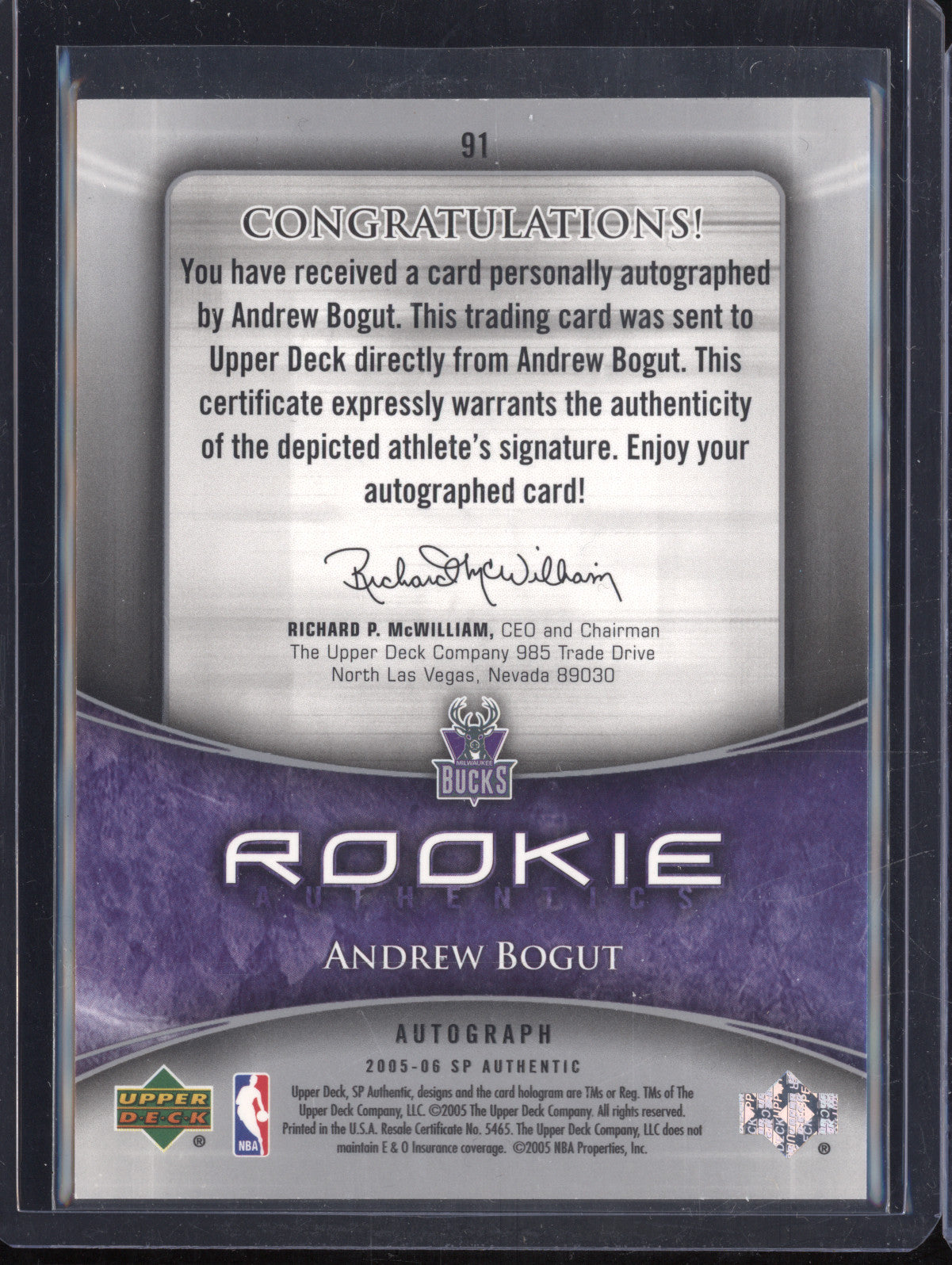 Andrew Bogut 2005-06 Upper Deck SP Authentic 91 Rookie Authentics Auto RC /1299