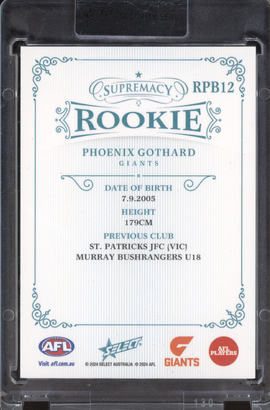 Phoenix Gothard 2024 Select Supremacy Rookies RPB12 Rookies Platinum Blue RC /75