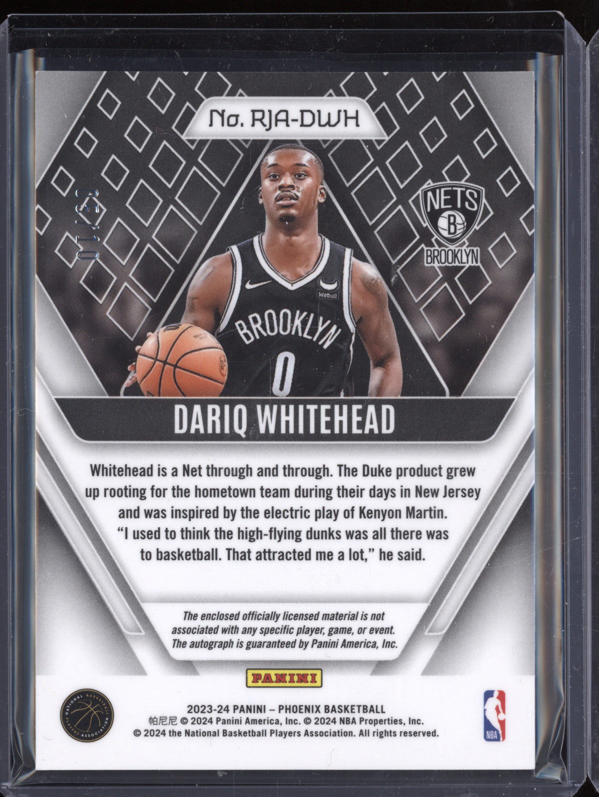 Dariq Whitehead 2023-24 Panini Phoenix RJA-DWH Rookie Jersey Auto Gold RC 5/10