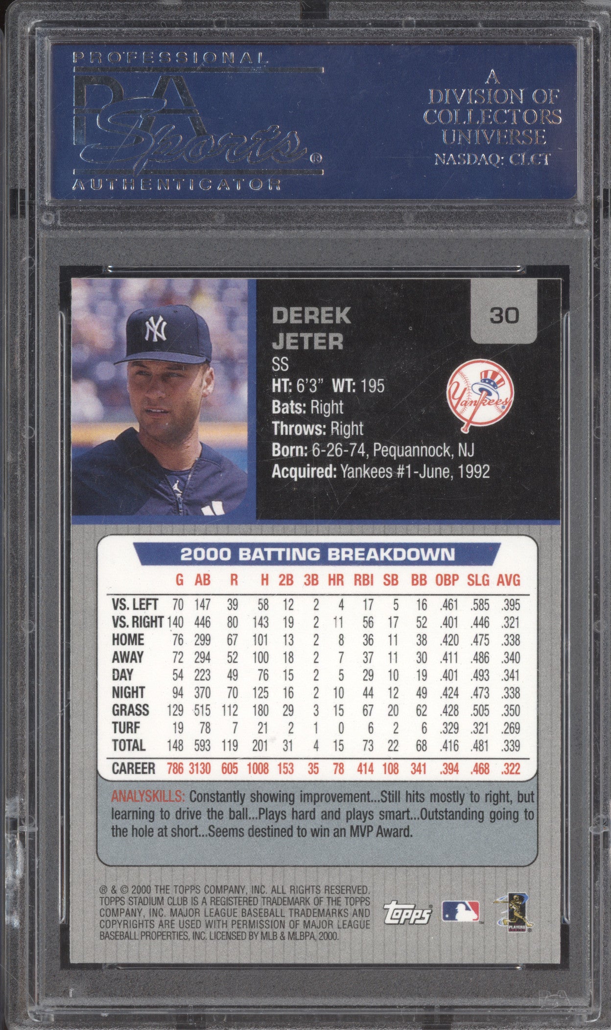 2001 Stadium Club 30 Derek Jeter PSA 10