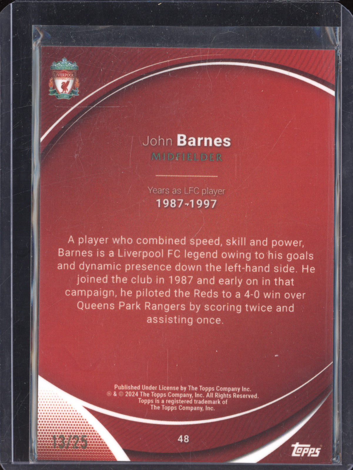John Barnes 2023-24 Topps Liverpool Chrome 48 Orange Xfractor 13/25
