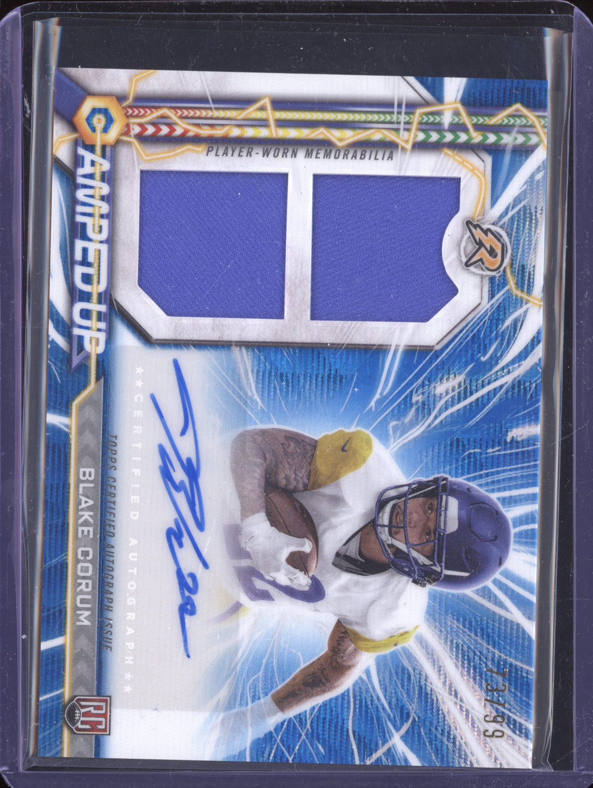 Blake Corum 2024 0 Resurgence AU-BC Amped Up Rookie Patch Auto Blue Surge RC /99