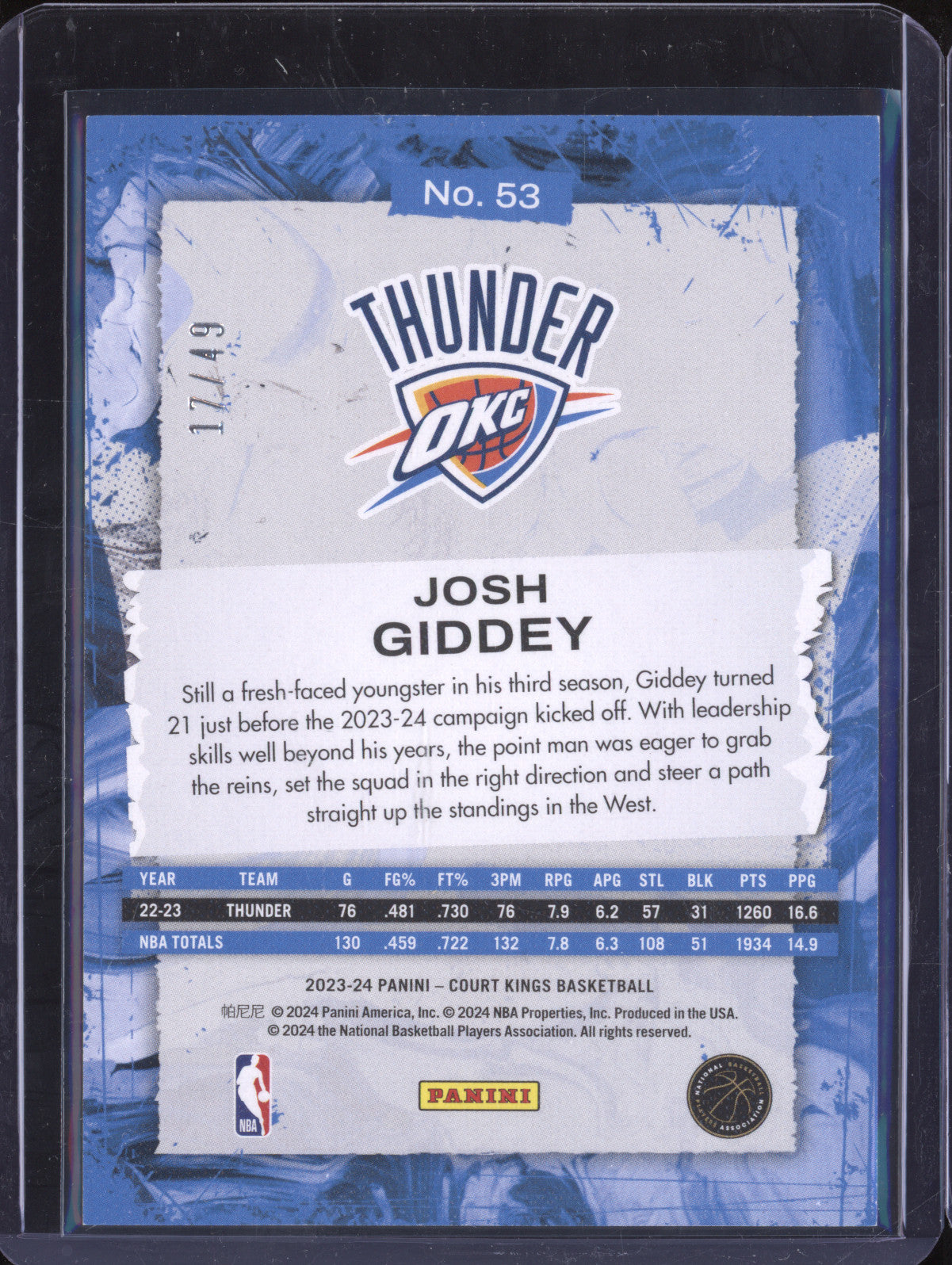 Josh Giddey 2023-24 Panini Court Kings 53 Violet 17/49