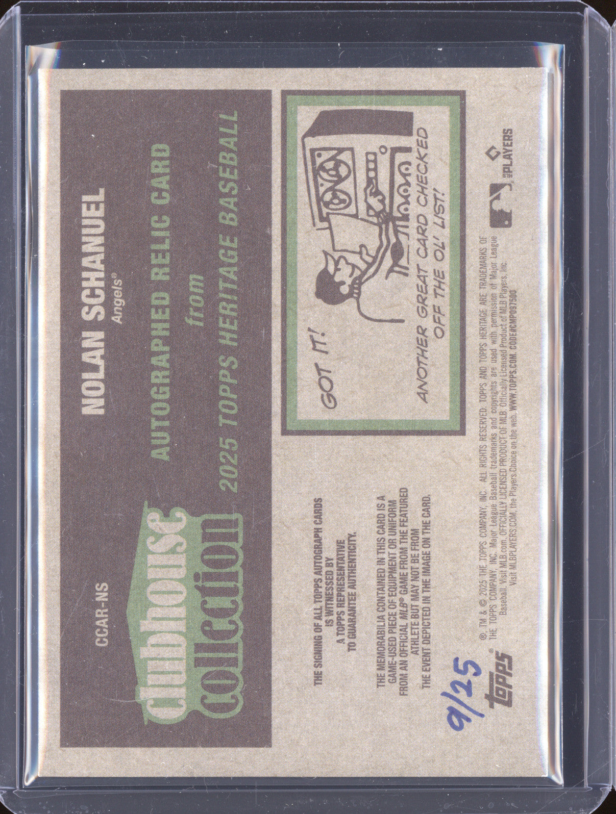 Nolan Schanuel 2025 Topps Heritage CCAR-NS Clubhouse Collection Auto Relic /25