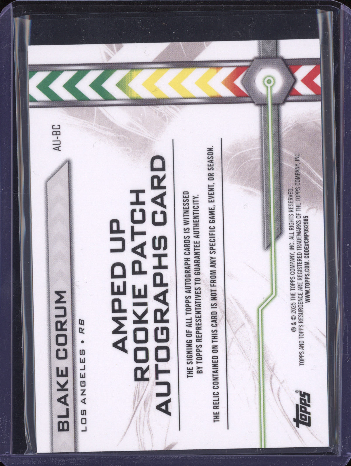 Blake Corum 2024 0 Resurgence AU-BC Amped Up Rookie Patch Auto Blue Surge RC /99