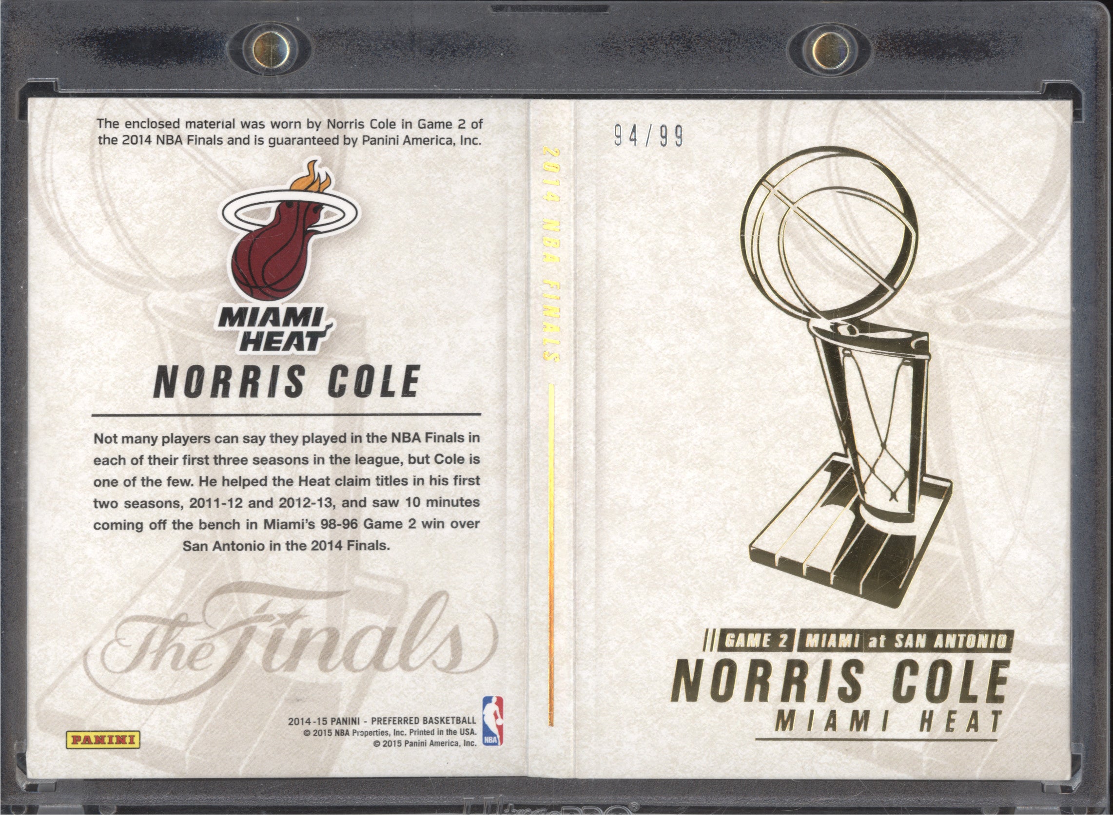 Norris Cole 2014-15 Panini Preferred NBA Finals Game 2 Booklet 94/99