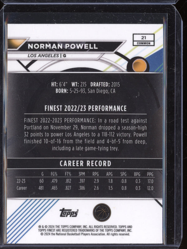 Norman Powell 2023-24 Topps Finest 21 Gold Refractor 8/50