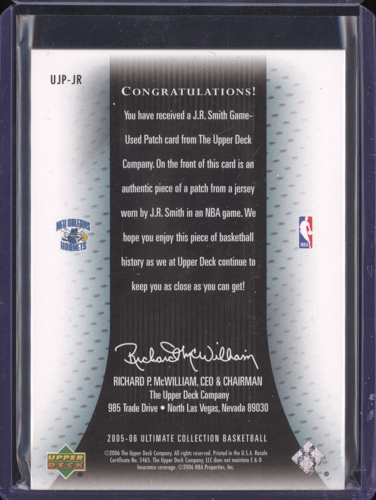 J.R. Smith 2005-06 UD Ultimate Collection UJP-JR Ultimate Game Jersey Gold /75