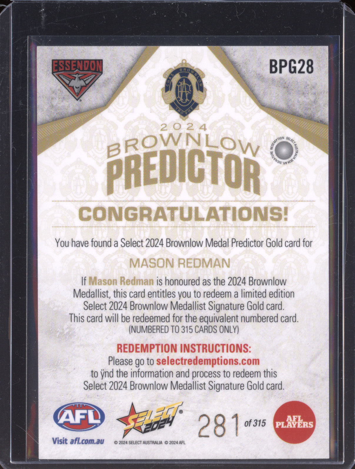 Mason Redman 2024 Select Footy Stars BPG28 Brownlow Predictor Gold 281/315