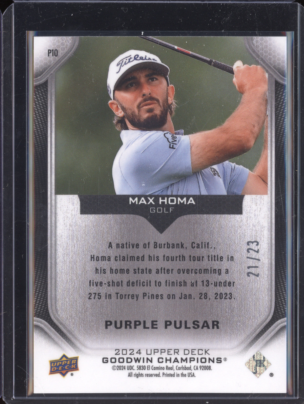 Max Homa 2024 Upper Deck Goodwin Champions P10 Purple Pulsar 21/23