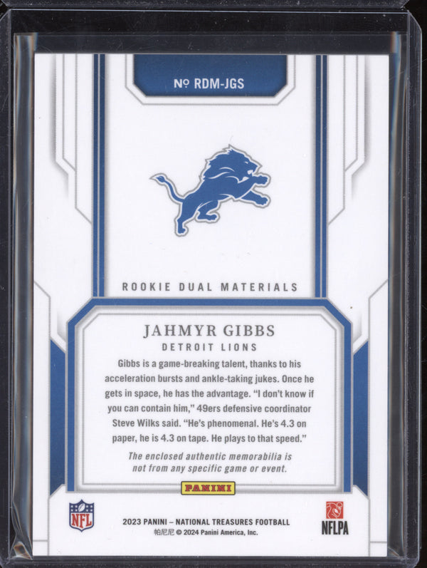 Jahmyr Gibbs 2023 Panini National Treasures Rookie Dual Materials Gold RC 29/35