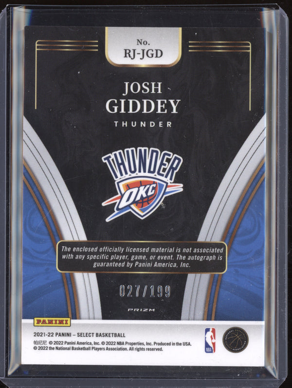 Josh Giddey 2021-22 Panini Select RJ-JGD Rookie Jersey Auto RC 27/199