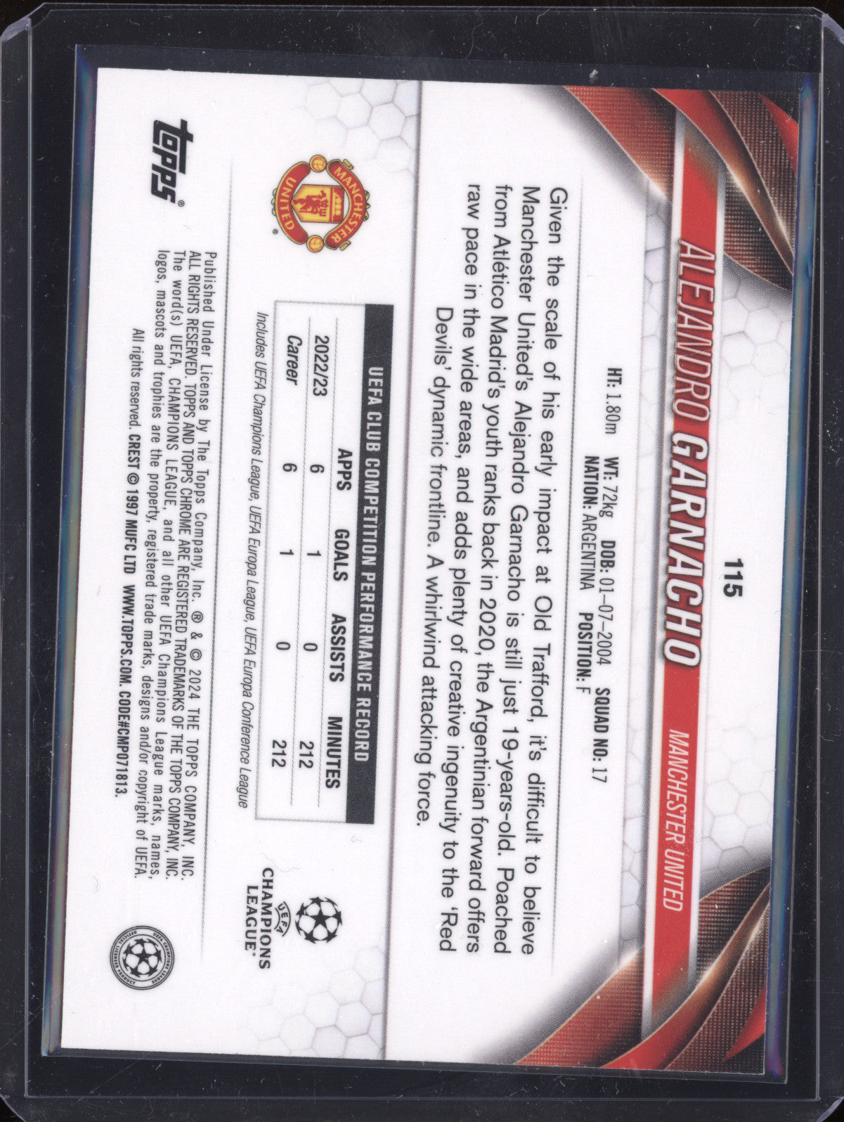 Alejandro Garnacho 2023-24 Topps Chrome UCC 115 Gold Lava
