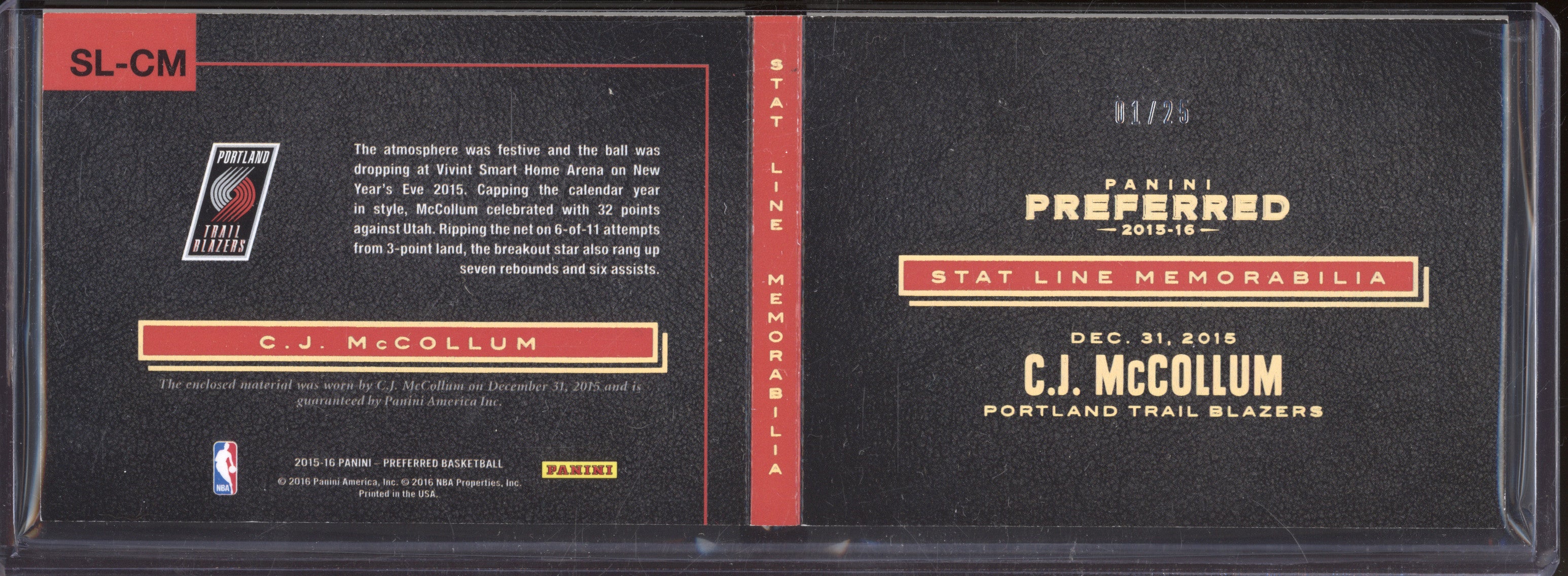 C.J. McCollum 2015-16 Panini Preferred SL-CM Stat Line Memorabilia Booklet 1/25
