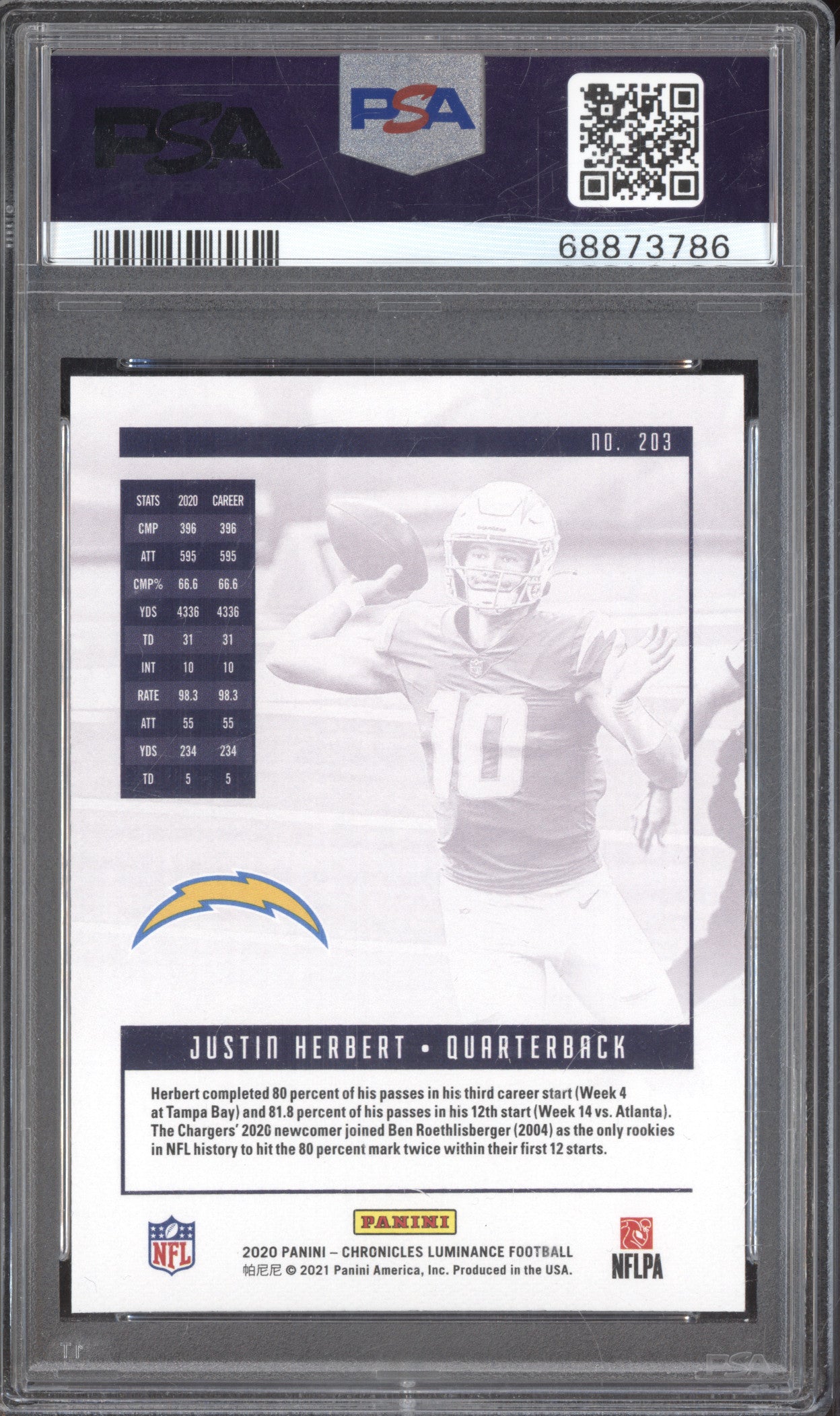 2020 Panini Chronicles 203 Justin Herbert Luminance RC PSA 10