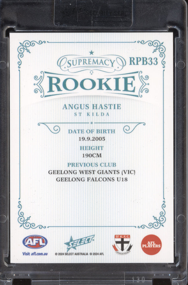 Angus Hastie 2024 Select Supremacy Rookies RPB33 Rookies Platinum Blue RC 54/75