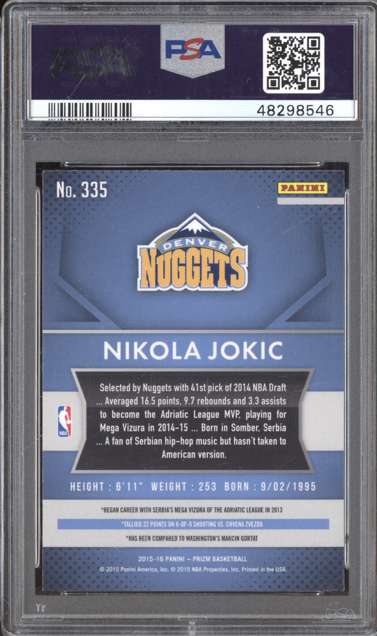 2015 Panini Prizm 335 Nikola Jokic Prizm RC PSA 9