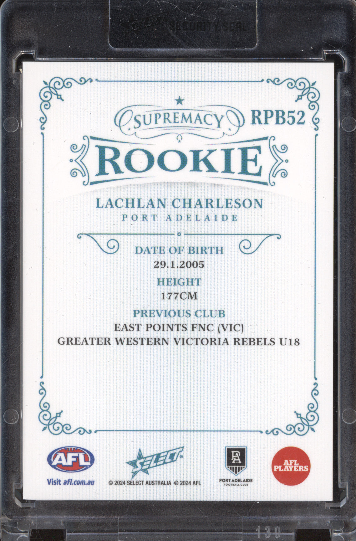 Lachlan Charleson 2024 Select Supremacy Rookies RPB Rookies Platinum Blue RC /75