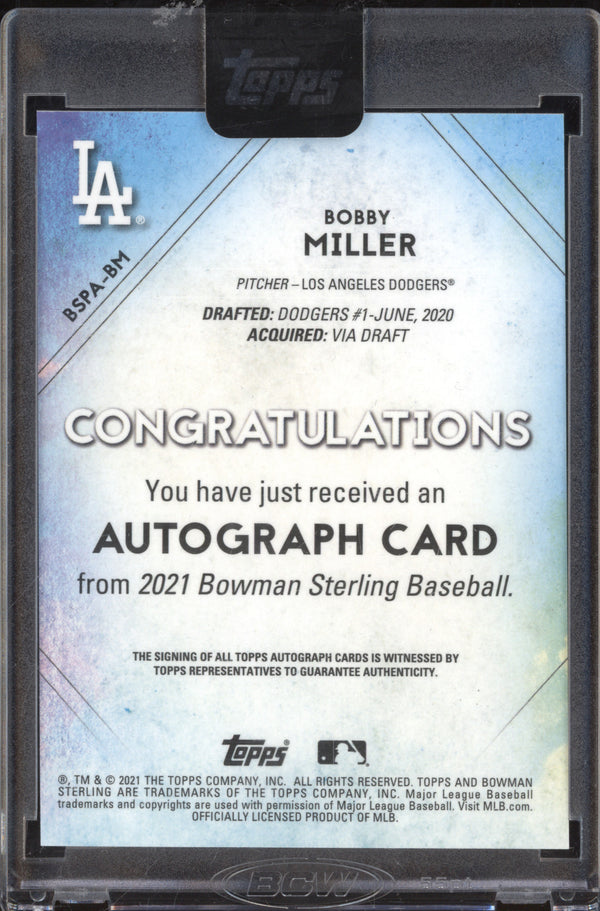 Bobby Miller 2021 Bowman Sterling BSPA-BM Prospect Auto Orange Refractor RC 9/75