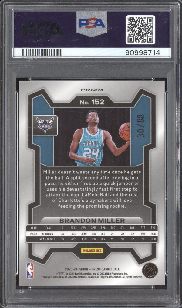 Brandon Miller 2023-24 Panini Prizm 152 Red Choice RC 30/88 PSA 10