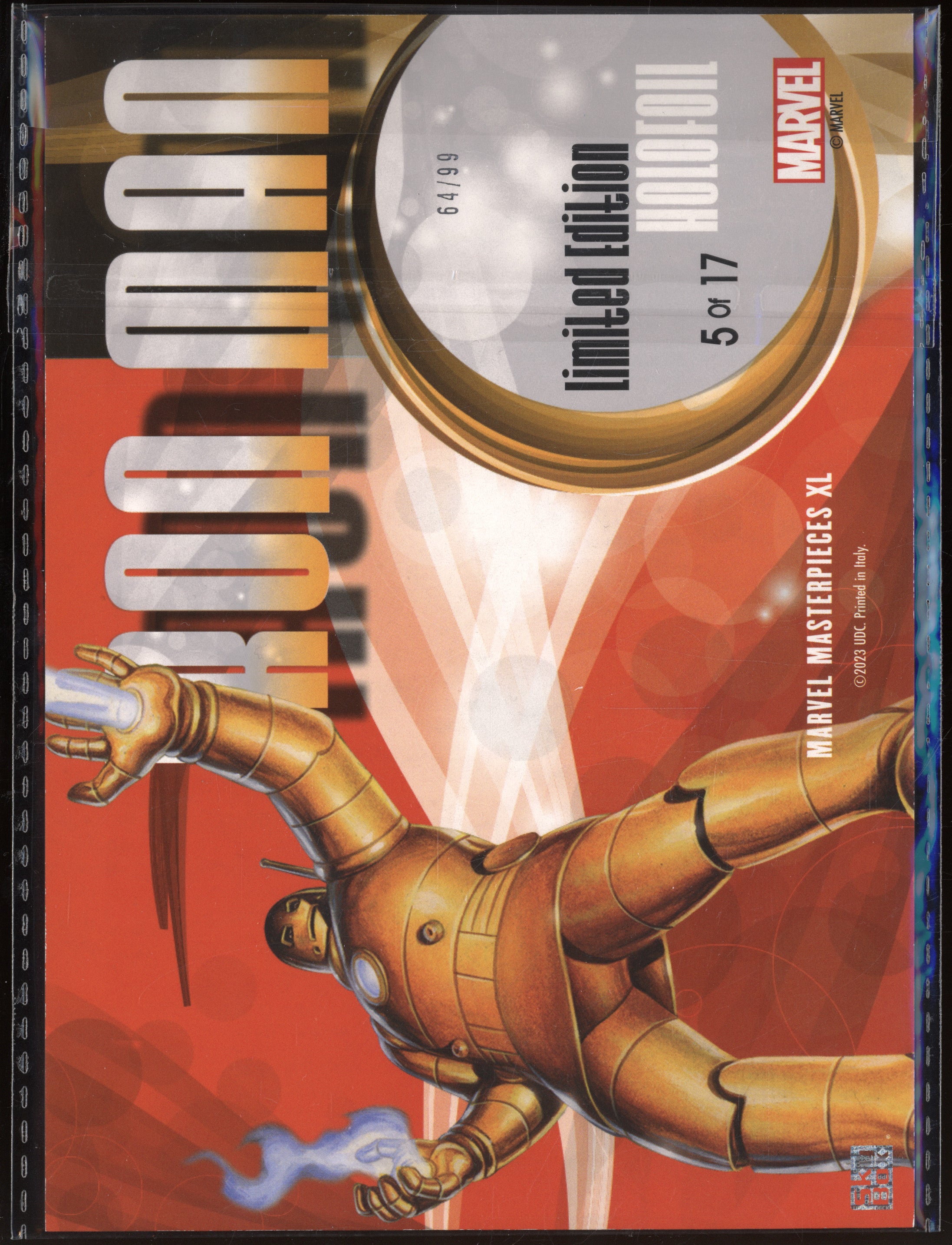 Iron Man 2023 Skybox Masterpieces XL 5  Holofoil Speckle Parallel 64/99