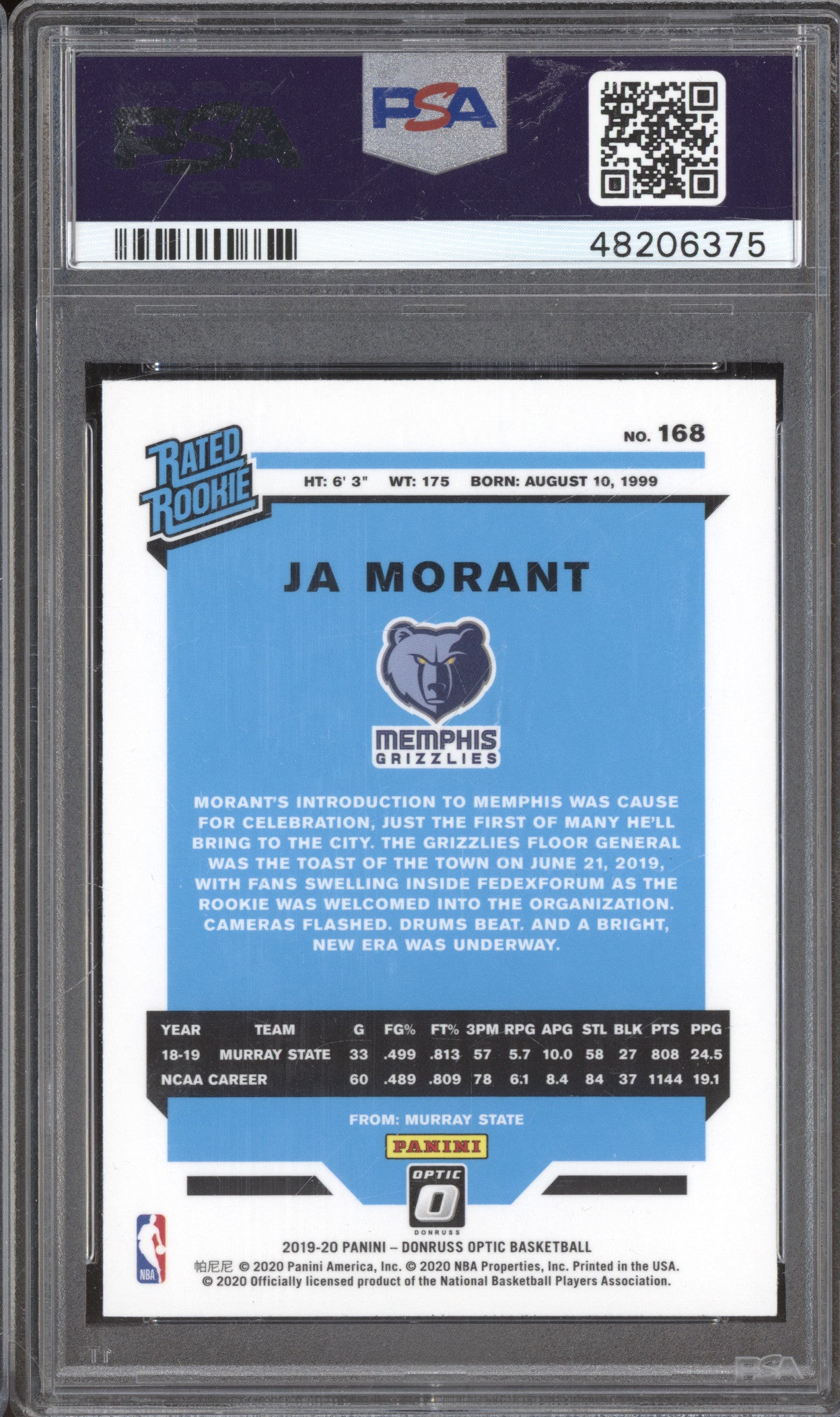 2019-20 Panini Donruss Optic 168 Ja Morant RC PSA 10