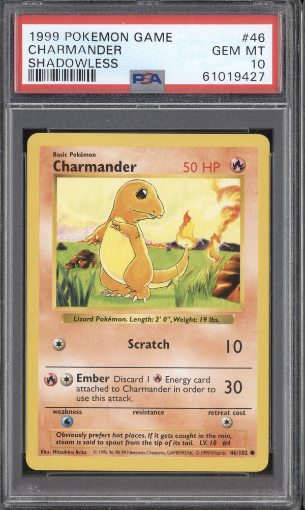 Charmander 1999 Pokemon Base Set 46/102 Shadowless PSA 10