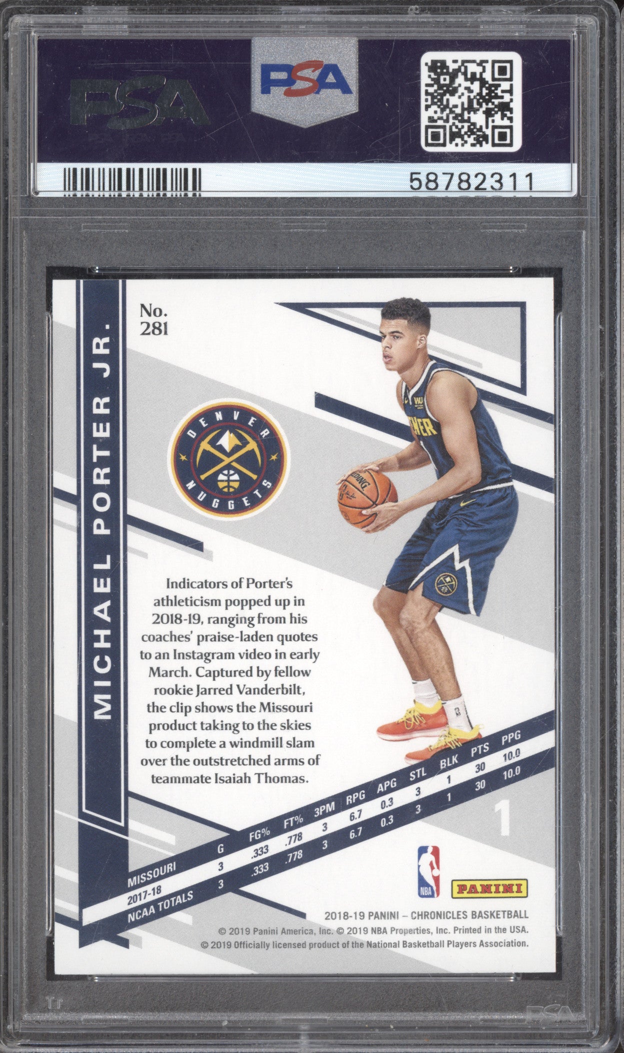 2018 Panini Chronicles 281 Michael Porter Jr. RC PSA 10