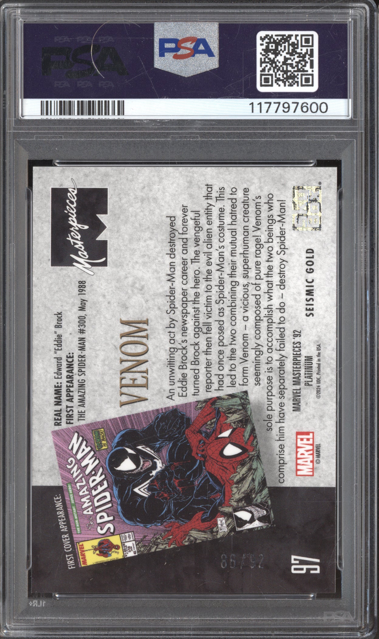 Venom 2024 SkyBox Marvel Masterpieces 97 Seismic Gold 86/92 PSA 10