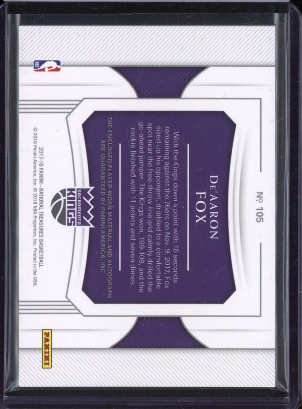 De'Aaron Fox 2017-18 Panini National Treasures 105 Horizontal Rookie Patch Autograph 38/49